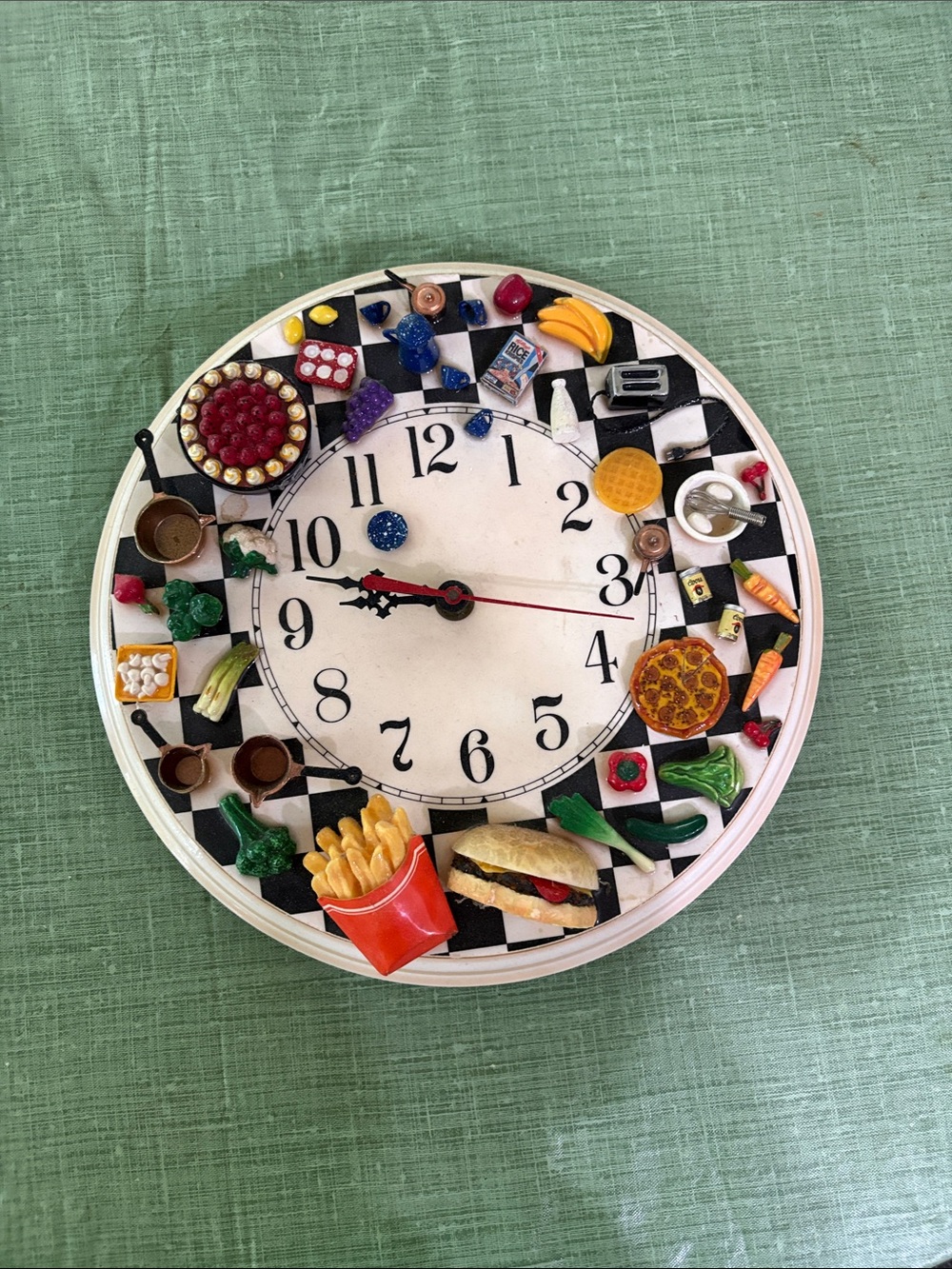 Diner-Style Black & White Wall Clock with Colorful Food Accents